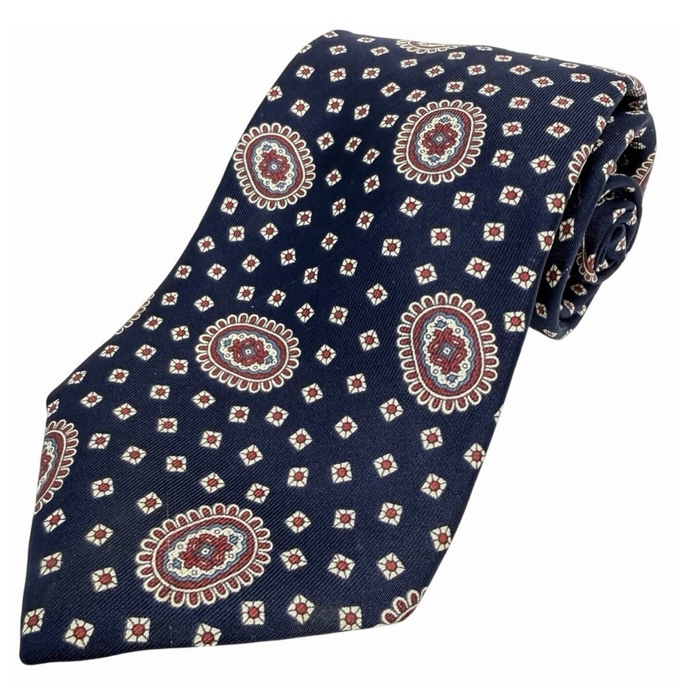 JOHN‎ HENRY Silk Necktie Navy Medallion Geometric Classic 3.5" x 58" USA